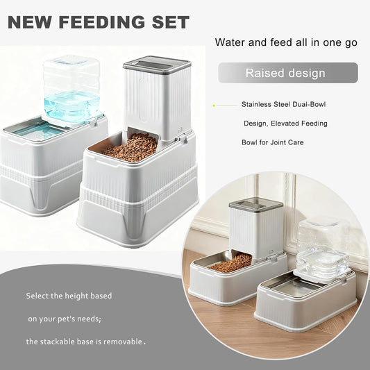Adjustable height raised pet feeder with stainless steel bowls for joint care