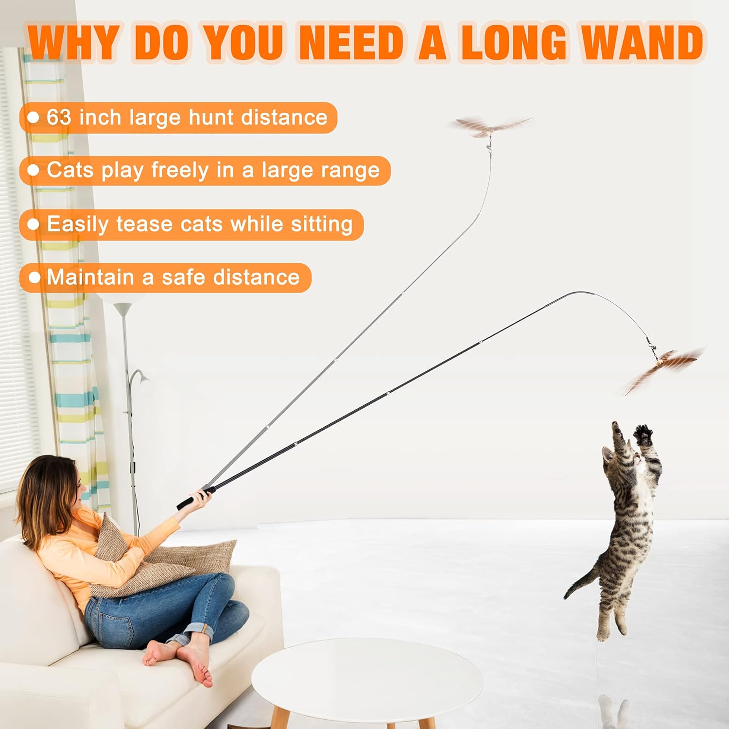 Telescopic sixty-three inch cat toy rod extended for long-distance indoor play