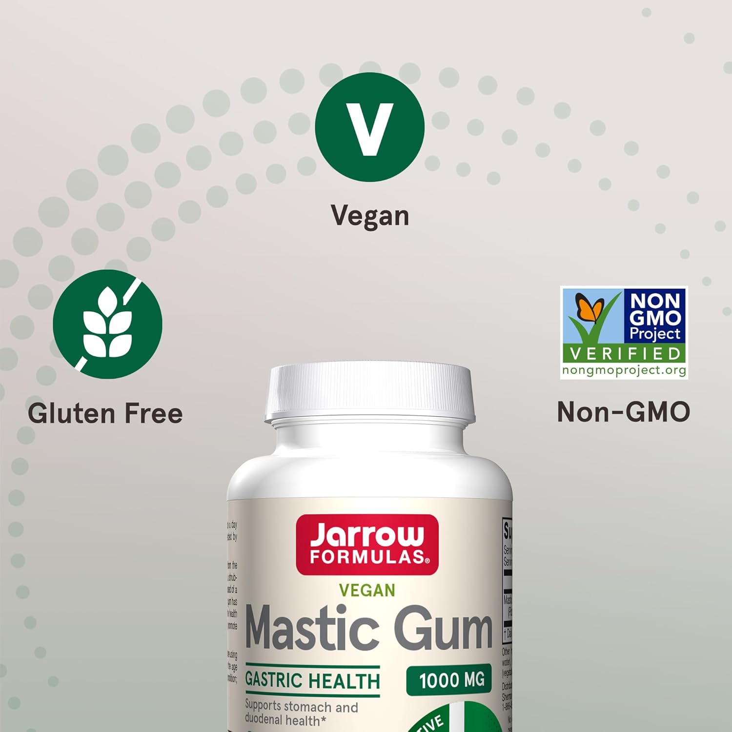 Close up of Jarrow Formulas Mastic Gum 1000 mg dietary supplement bottle