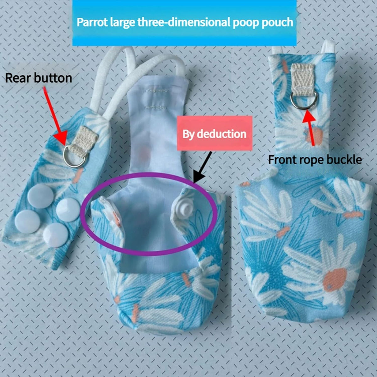 Blue daisy pattern bird flight suit showing metal snaps