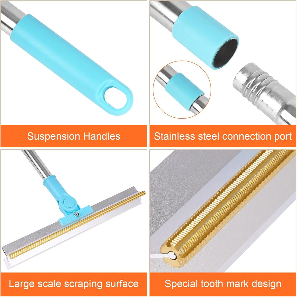 Rubber squeegee side of carpet broom wiping liquid spill on hard tile floor