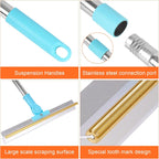 Rubber squeegee side of carpet broom wiping liquid spill on hard tile floor