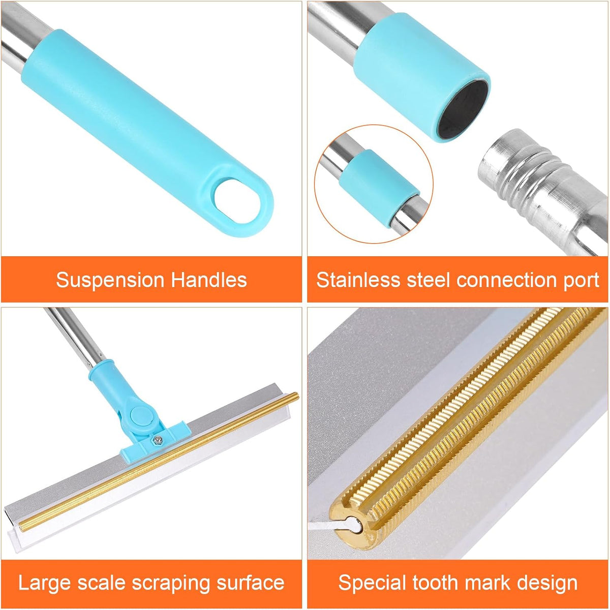 Rubber squeegee side of carpet broom wiping liquid spill on hard tile floor