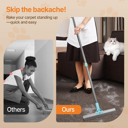 Person using long handle carpet rake on living room rug