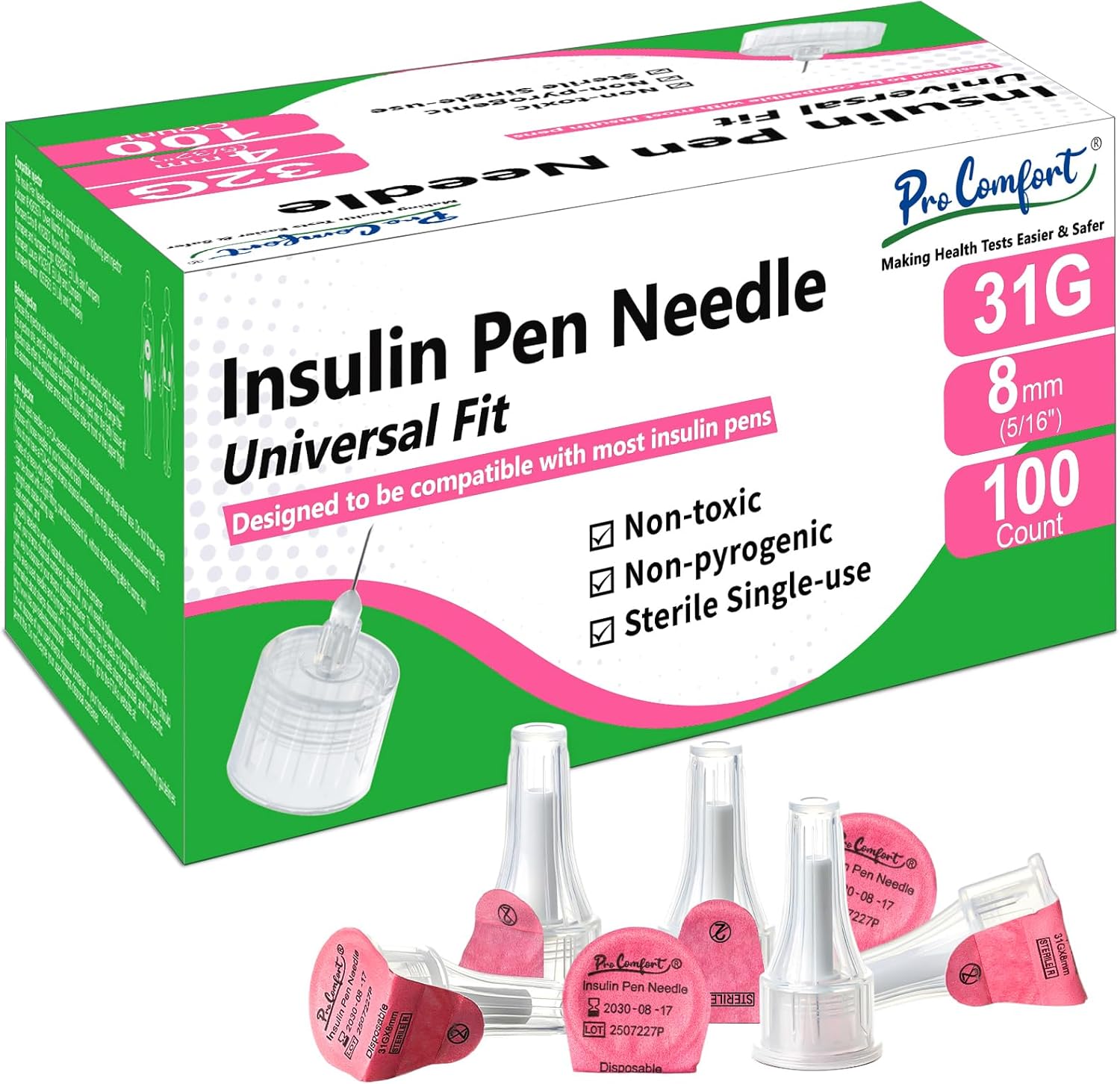 Pro Comfort Insulin Pen Needles front view 100 count box for diabetic care