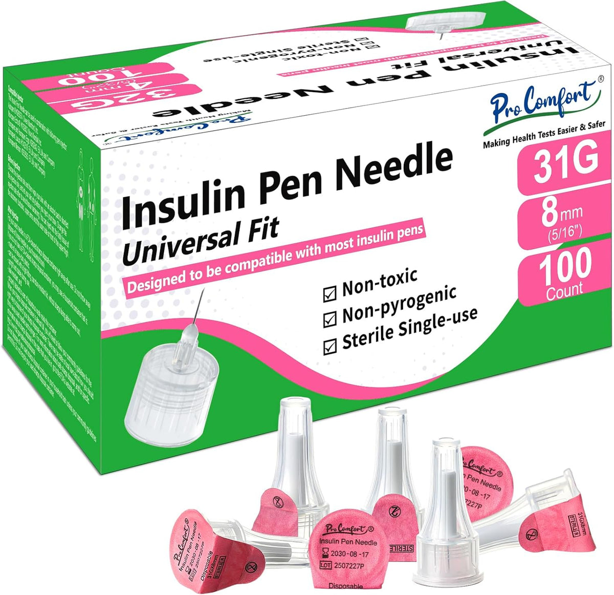 Pro Comfort Insulin Pen Needles front view 100 count box for diabetic care