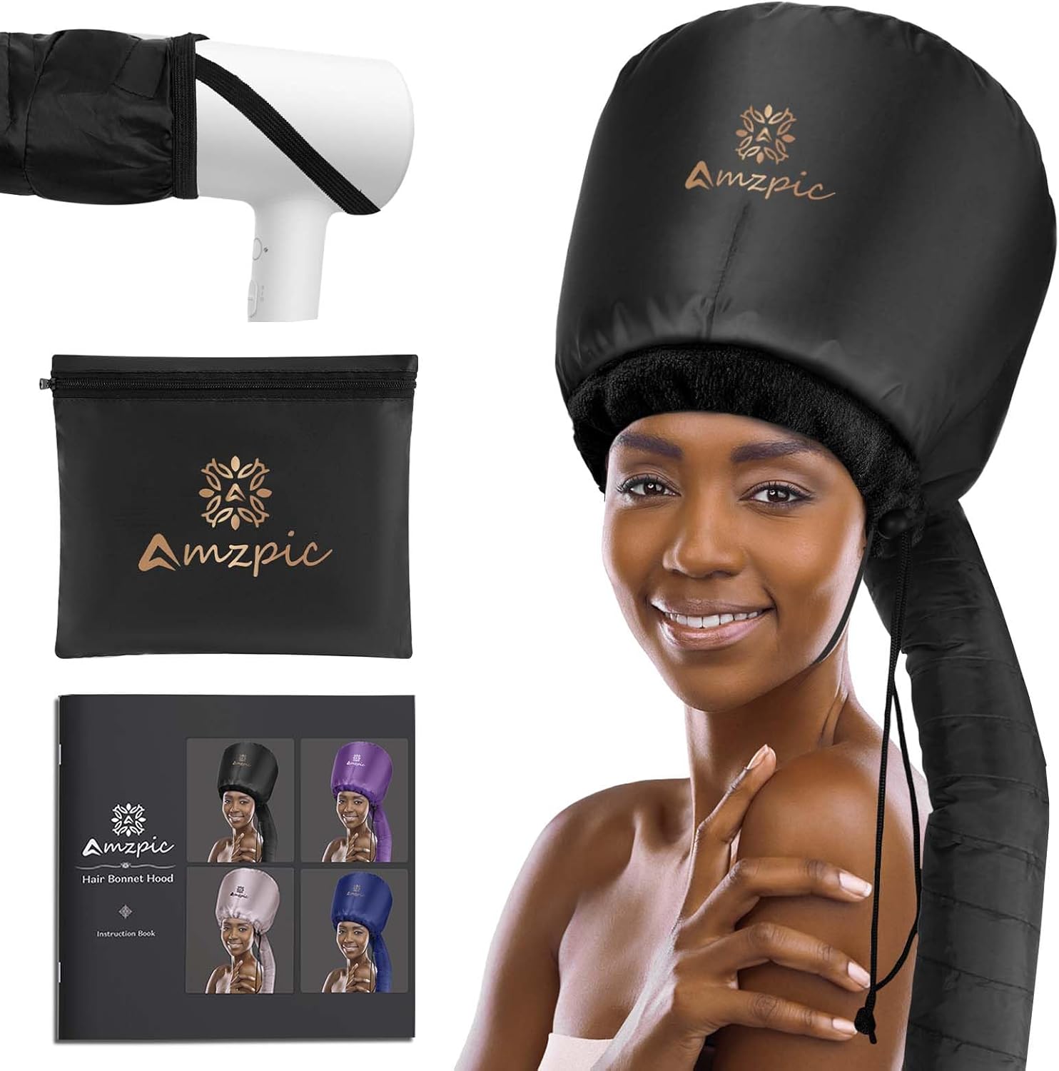 Amzpic Bonnet Hood Hair Dryer Attachment front view showing the integrated black adjustable headband