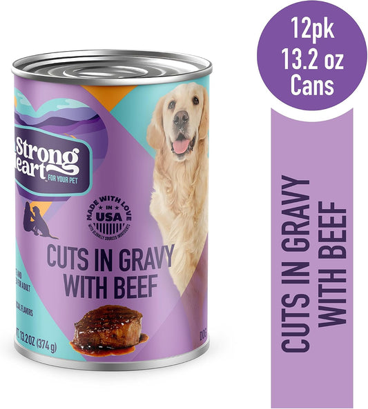 Strongheart real beef wet dog food twelve pack of thirteen point two ounce cans.