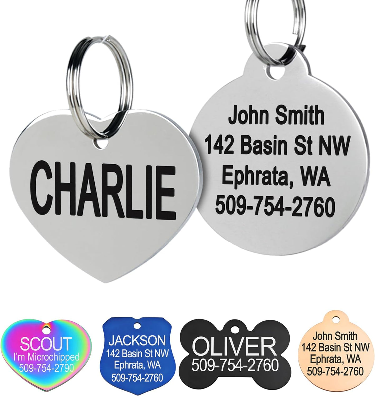 GoTags Stainless Steel Pet ID Tags, Personalized Dog Tags and Cat Tags, up to 8 Lines of Custom Text, Engraved on Both Sides, in Bone, Round, Heart, Bowtie and More (Dog Bone, Regular (Pack of 1)) - Image 14