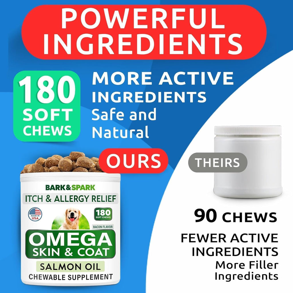 USA imported fish oil chews for dogs showing nutritional facts and ingredients list.