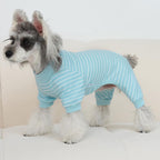 Close up details of the premium soft striped pet jumpsuit fabric.