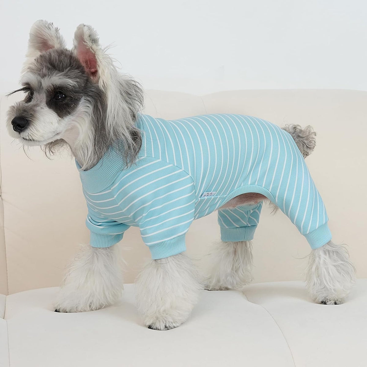 Close up details of the premium soft striped pet jumpsuit fabric.