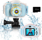 Agoigo Kids Waterproof Camera blue front view with clear underwater housing case