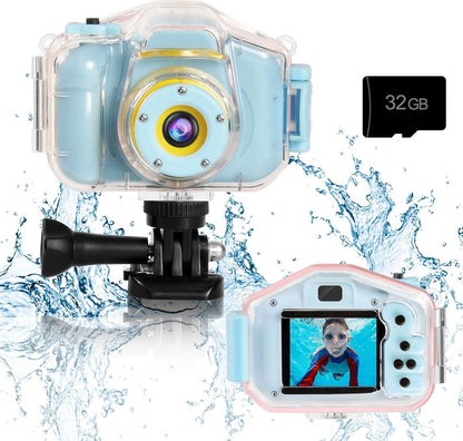 Agoigo Kids Waterproof Camera blue front view with clear underwater housing case