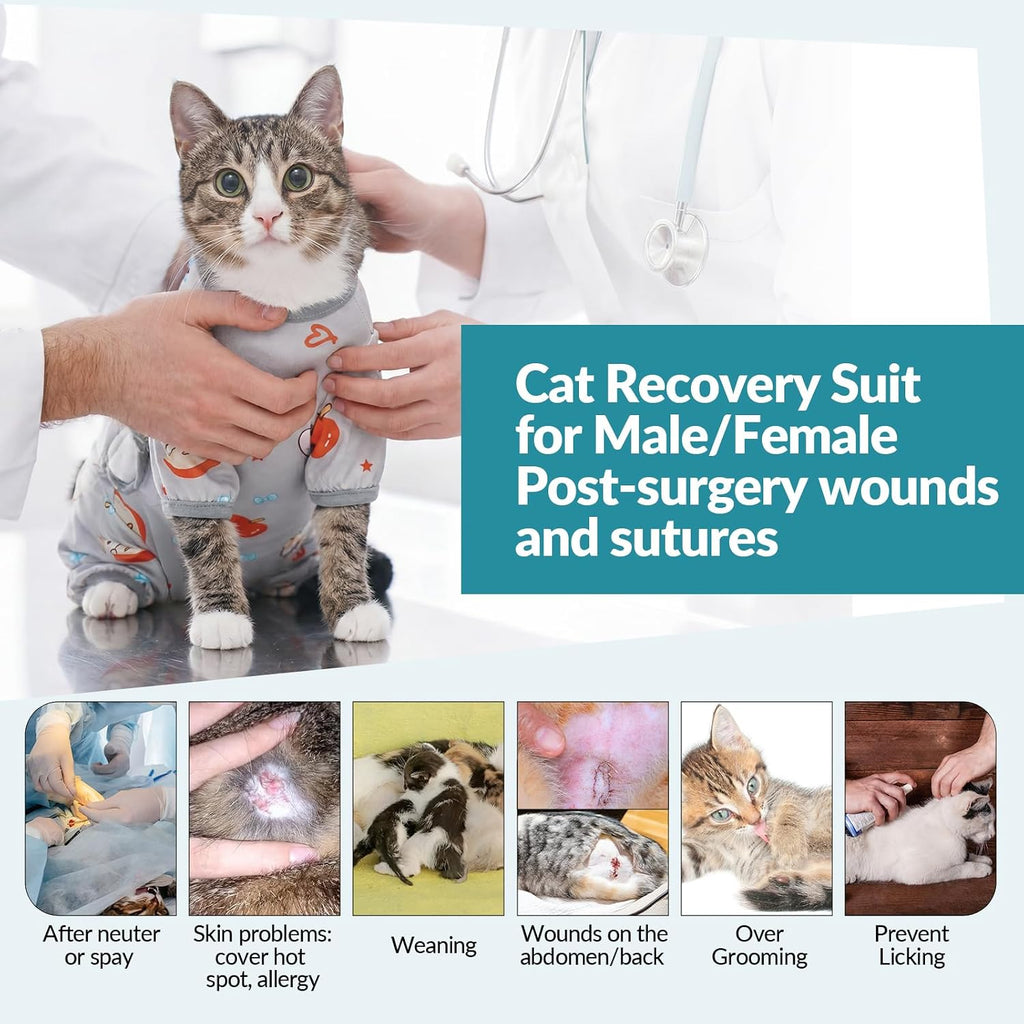 Grey Rozkitch cat surgical suit showing side profile
