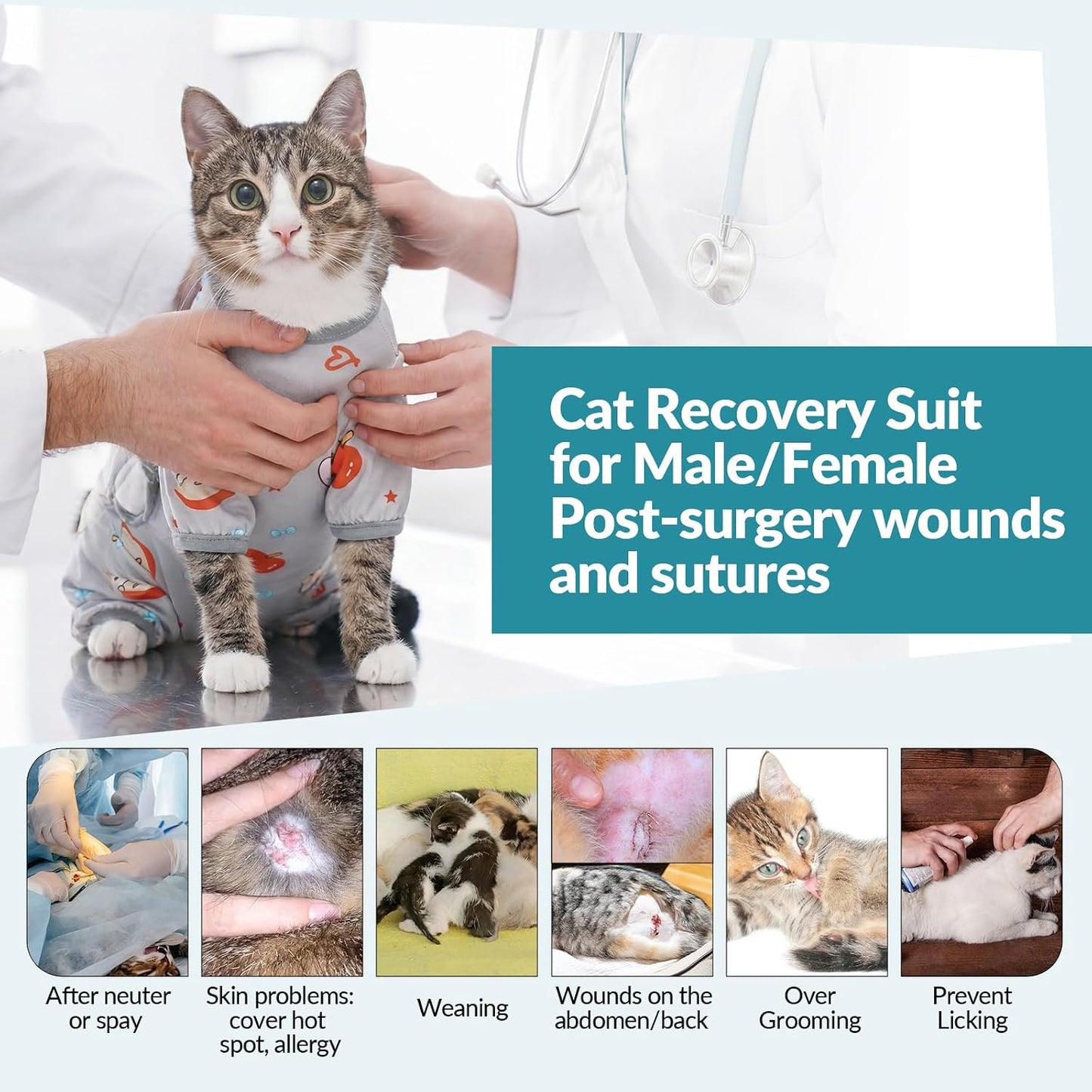 Grey Rozkitch cat surgical suit showing side profile