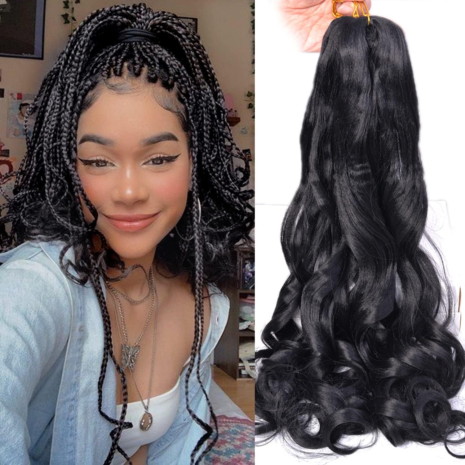 BSMLSPHW French curly braiding hair extensions front view showing 24 inch loose wavy black bundles.