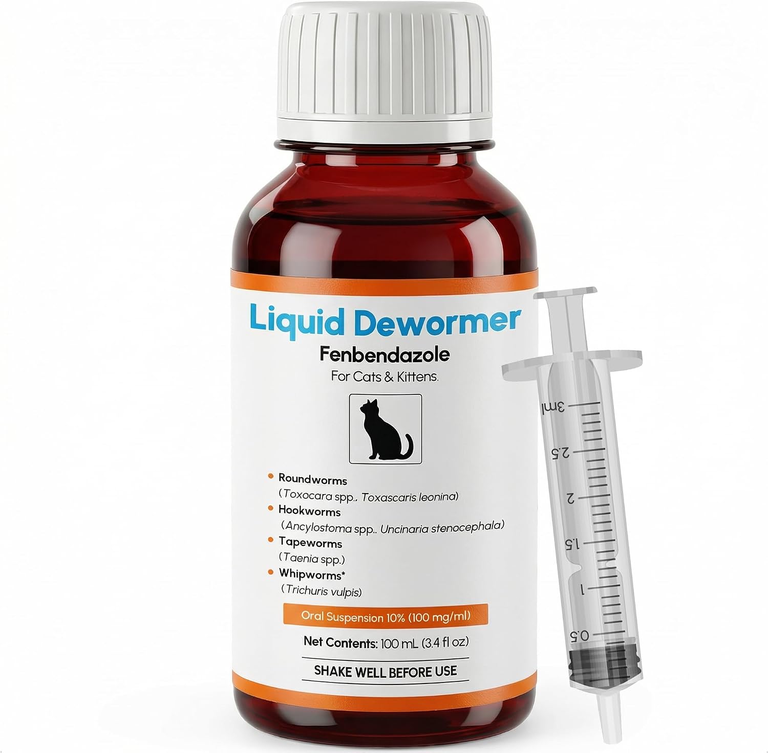 Morvequa Fenbendazole Liquid Dewormer for cats and kittens front view package bottle