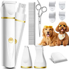Unibono dog grooming kit front view showing the sleek white and gold electric pet clippers.