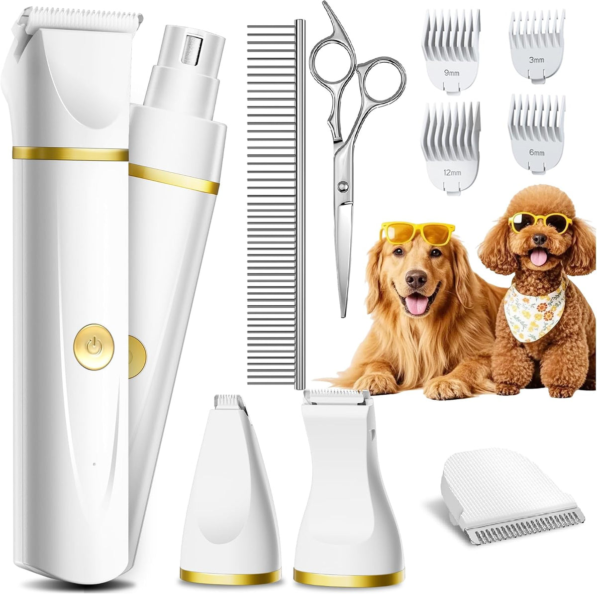 Unibono dog grooming kit front view showing the sleek white and gold electric pet clippers.
