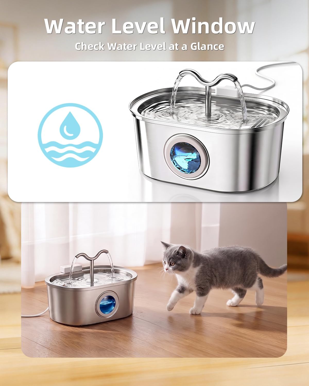Stainless steel pet fountain in modern home setting