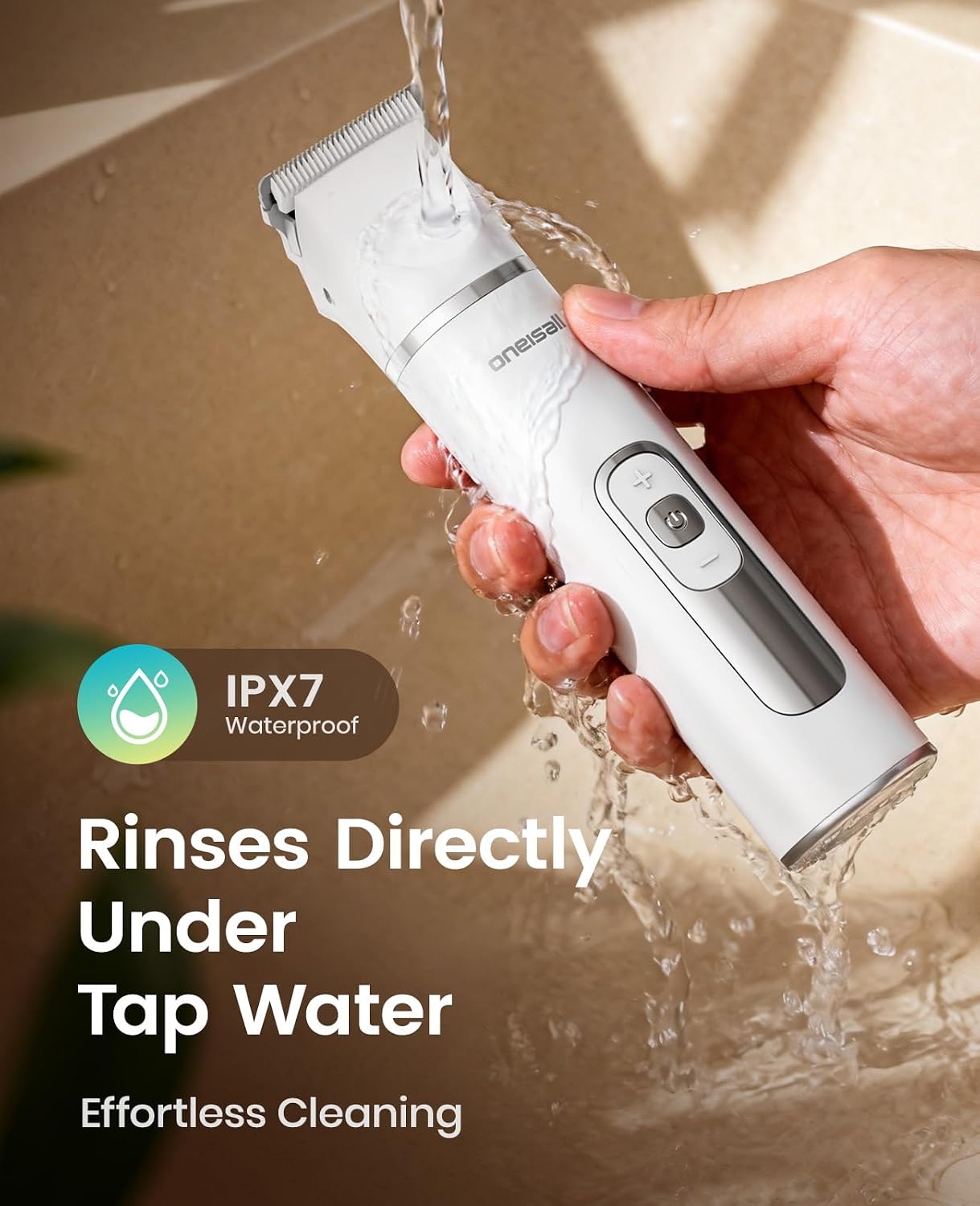 Side view of the lightweight pet trimmer showing the comfortable grip design and speed control buttons.