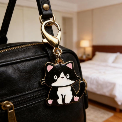 Close up of black and white tuxedo cat charm