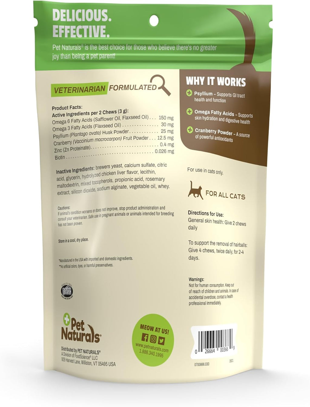 Pet Naturals hairball soft chews nutritional facts label