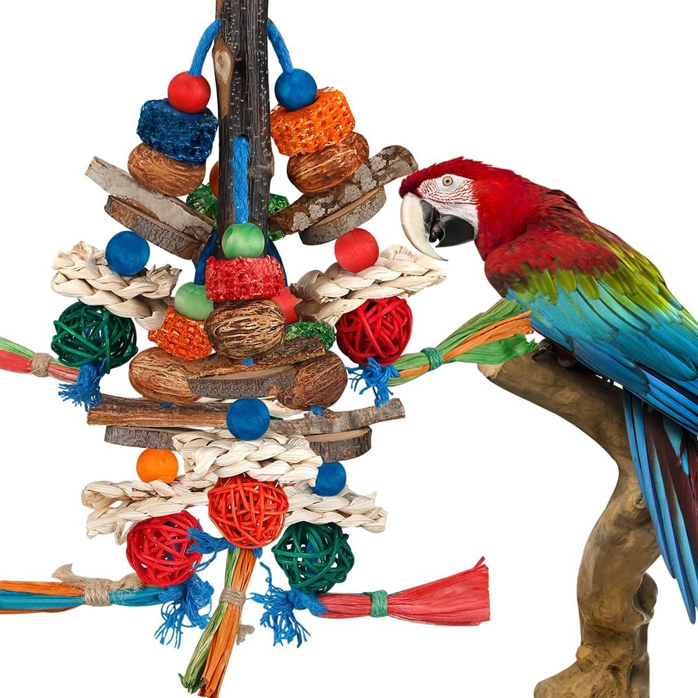 Bbjinronjy parrot bird chewing toy front view with natural wood blocks