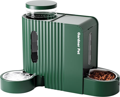 Gardner Pet automatic gravity pet feeder front view showing green base and stainless steel bowls.