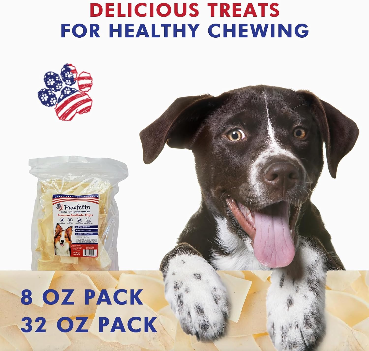 An 8 ounce pack of chemical free long lasting dog snacks for dental plaque removal.