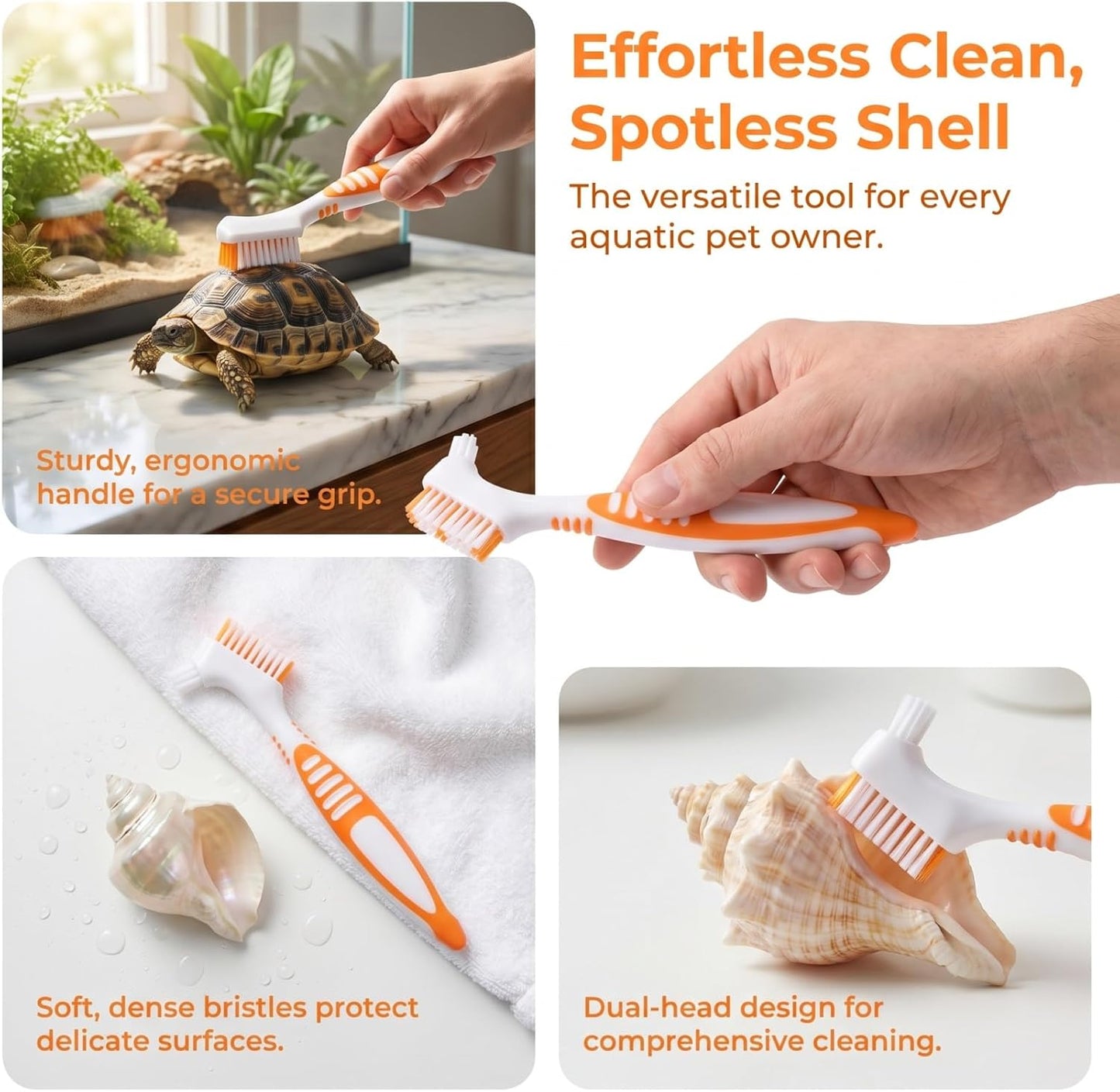 Orange ergonomic non slip handle on the BCOATH tortoise care tool