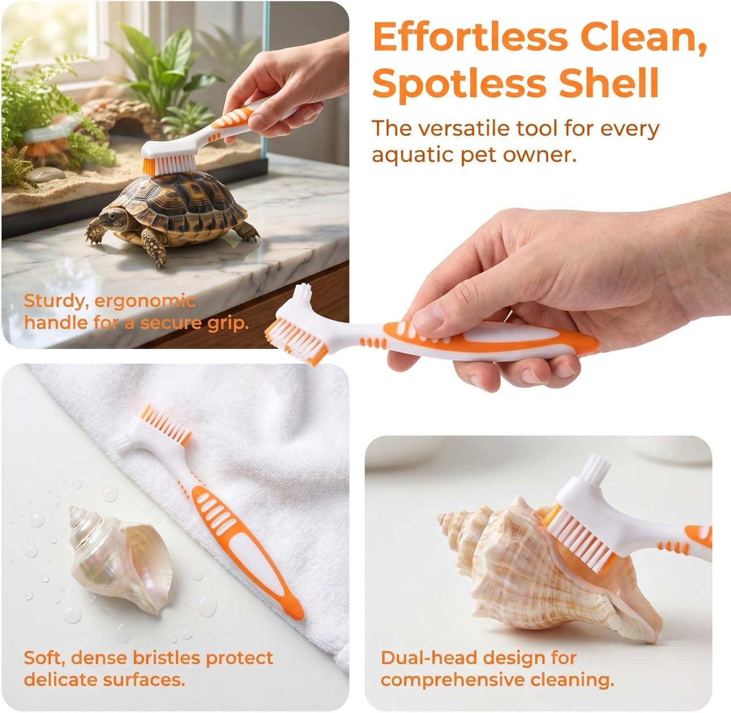Orange ergonomic non slip handle on the BCOATH tortoise care tool