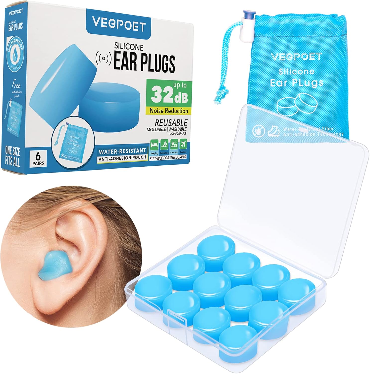 Vegpoet reusable moldable silicone ear plugs 12 pack front view showcasing deep blue putty material.
