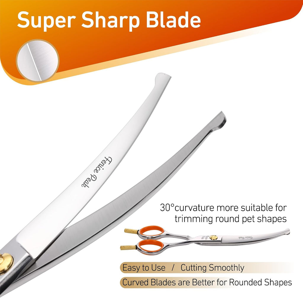 Fenice Peak grooming scissors showing curved blade profile