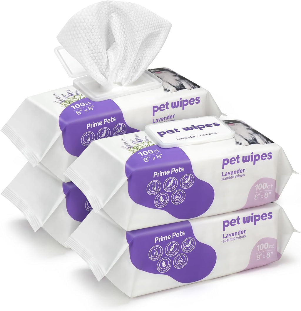 PrimePets lavender dog wipes 400 count front packaging view for premium pet grooming.