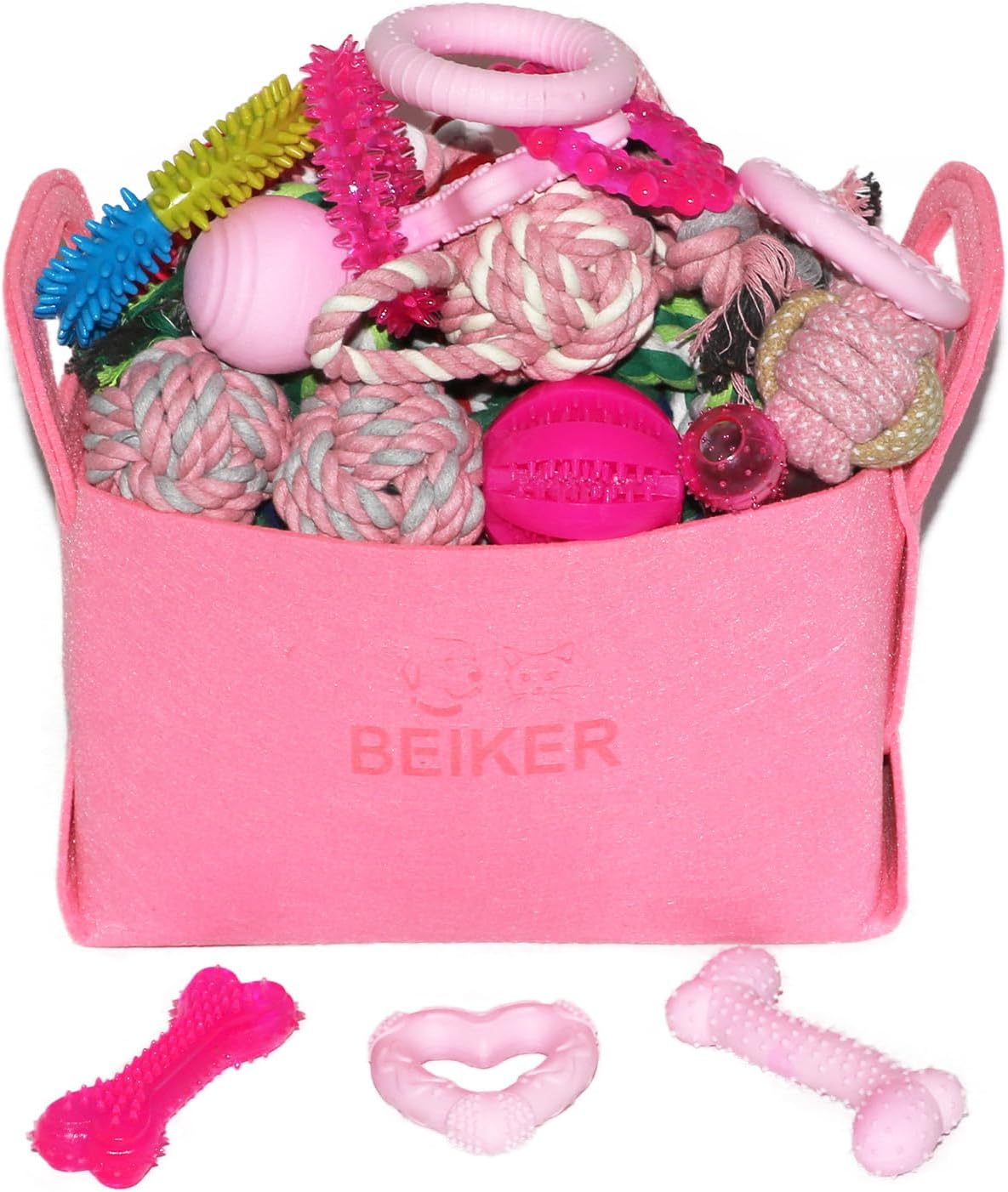 Variety of blue rubber bones and teething accessories