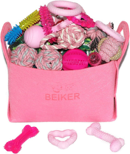 Variety of blue rubber bones and teething accessories