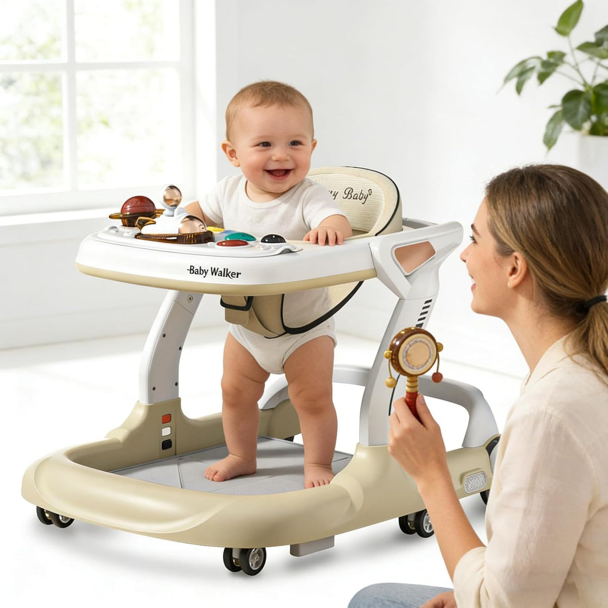 Aobalvn baby walker front view showing pale yellow design