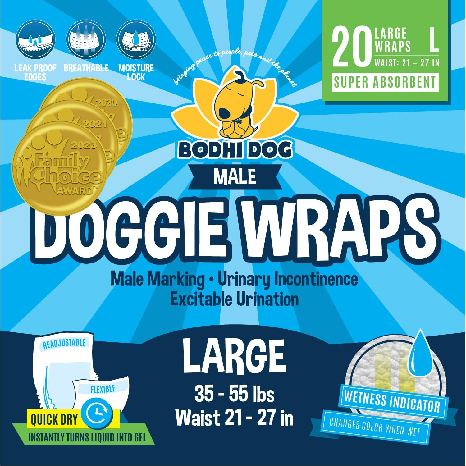 Bodhi Dog Disposable Male Dog Diapers - Super Absorbent, Leak-Proof Pee Wraps - Adjustable Fit, Comfortable Design, Advanced Moisture Control, and Wetness Indicator - Medium (20 Count) - Image 9