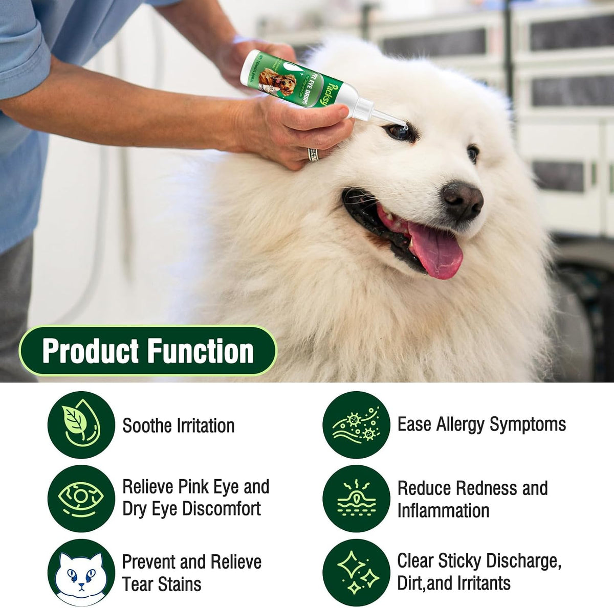 Packsy eye wash solution for removing pet tear stains and redness.