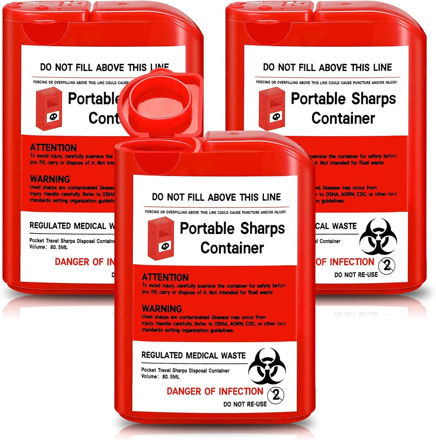 Baderke red pocket travel sharps disposal container with biohazard symbol for needle waste