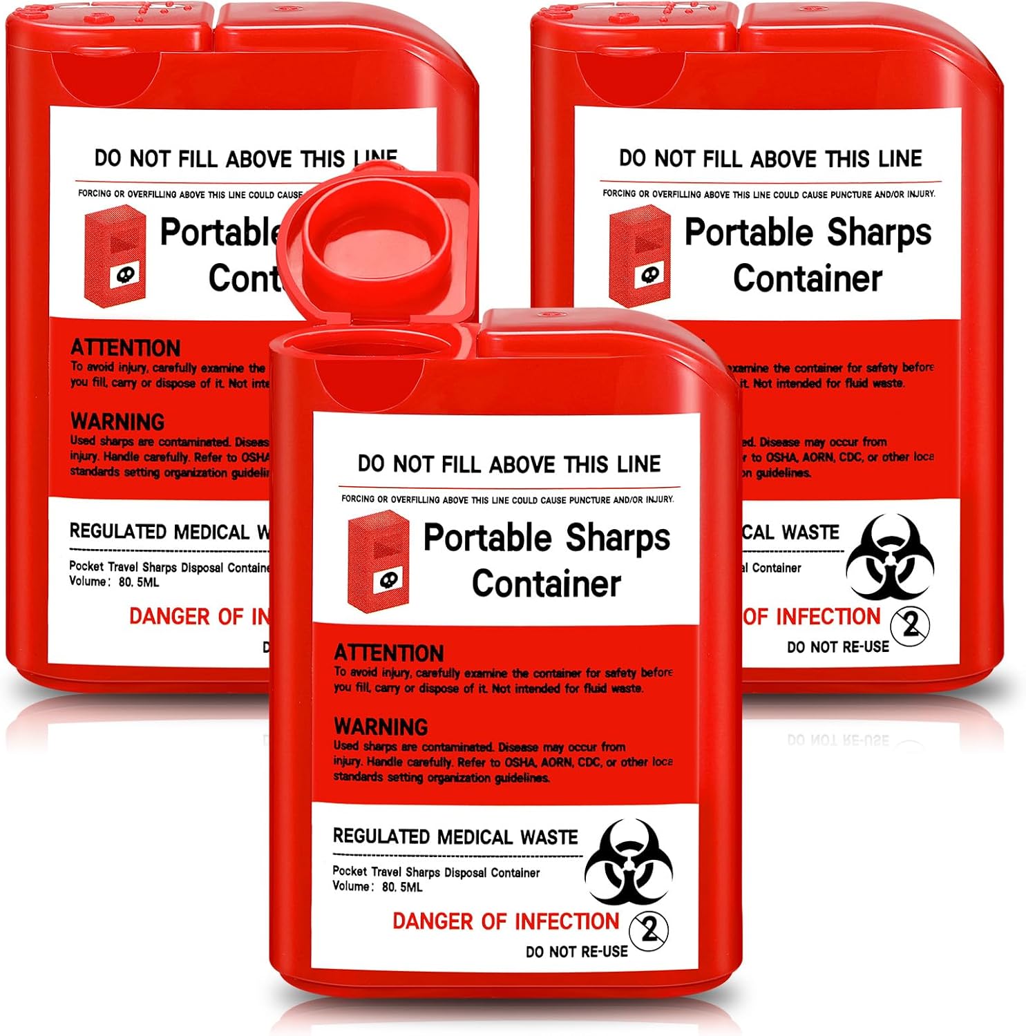 Baderke red pocket travel sharps disposal container with biohazard symbol for needle waste
