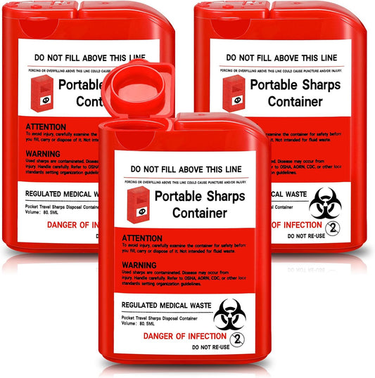 Baderke red pocket travel sharps disposal container with biohazard symbol for needle waste