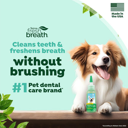 TropiClean dog toothpaste gel showing natural ingredients list for plaque removal.