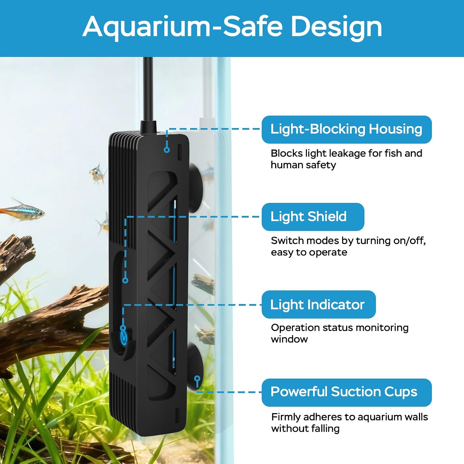 Suction cup mounting on premium black aquarium water cleaning lamp