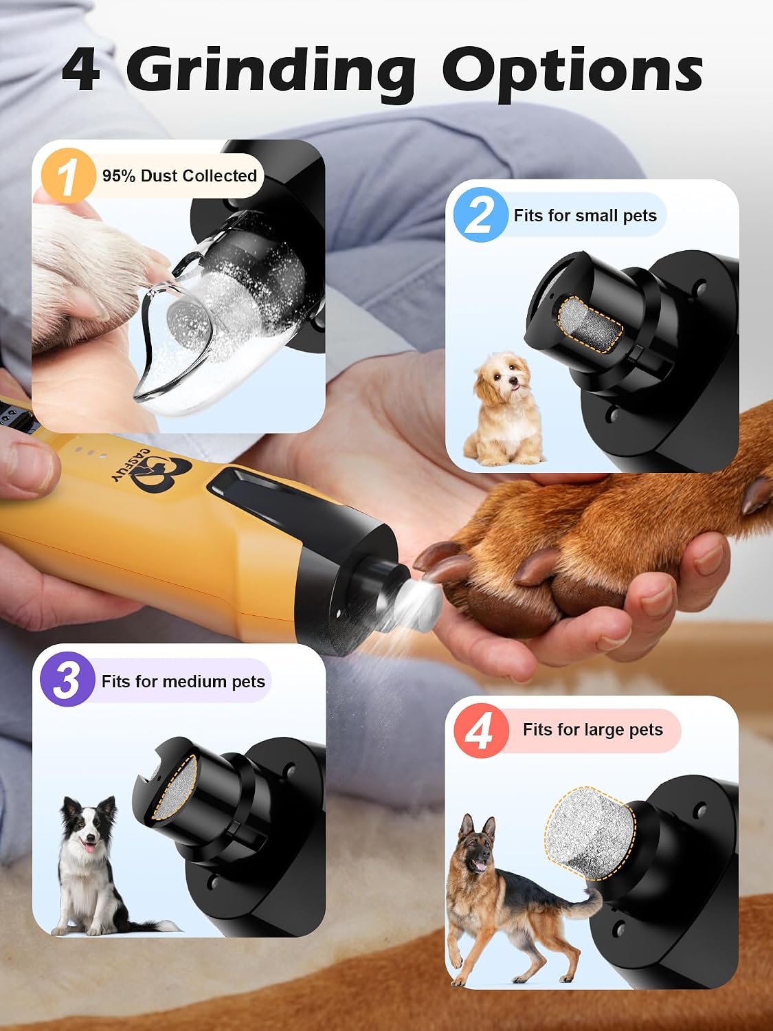 Close up of Casfuy dog nail grinder LED light feature