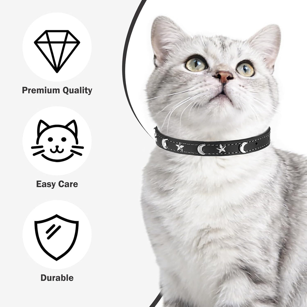 DILLYBUD studded pet neckpiece showing the smooth rounded backing of the silver moon and star rivets.