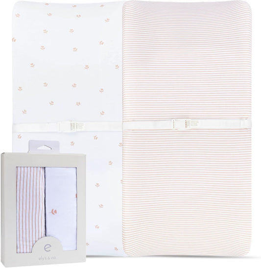 Ely's & Co. Changing Pad Cover front view showing the pink tulip pattern diaper sheet.