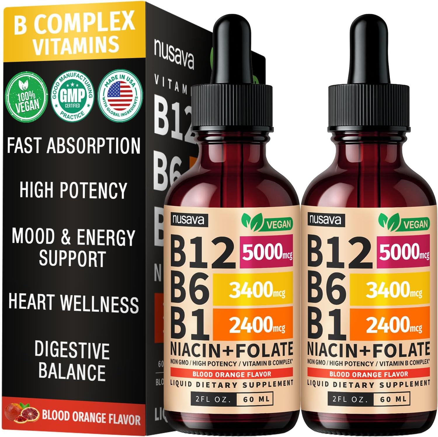 NUSAVA Vitamin B12 5000 Mcg Liquid Drops front view showcasing the Crimson Orange flavor bottle packaging.